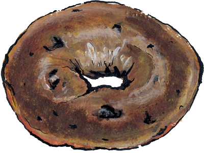 Illustration of a whole cinnamon raisin bagel